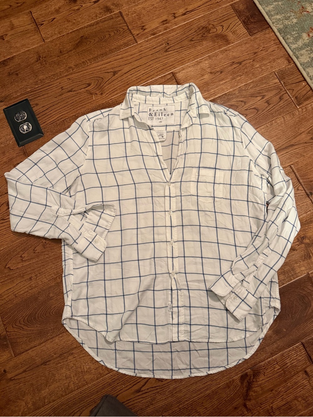 Frank & Eileen Blue Plaid Button Up Top Soft Modal Top XS smoke pet free home